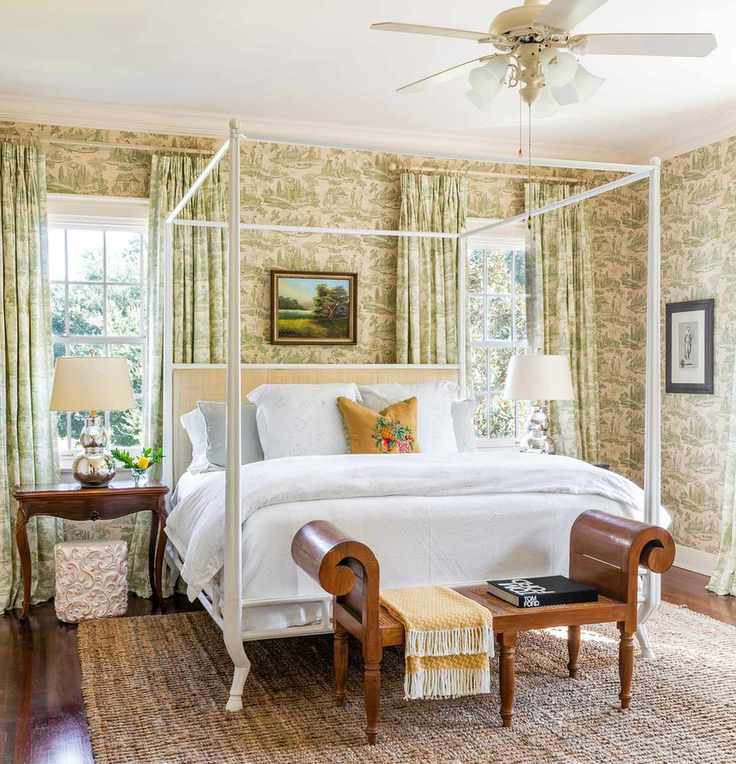 bedroom with wallpaper curtains and ceiling fan