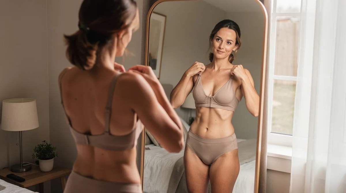 A woman adjusting her bra straps in front of a mirror, focusing on getting the right fit for comfort and support.