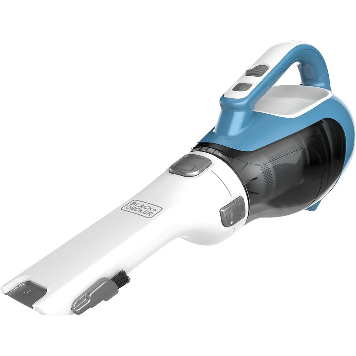 A black and white handheld vacuum cleaner with a blue handle.