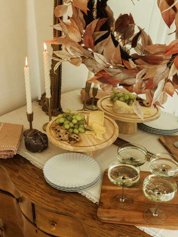 Elegant fall buffet table setup.