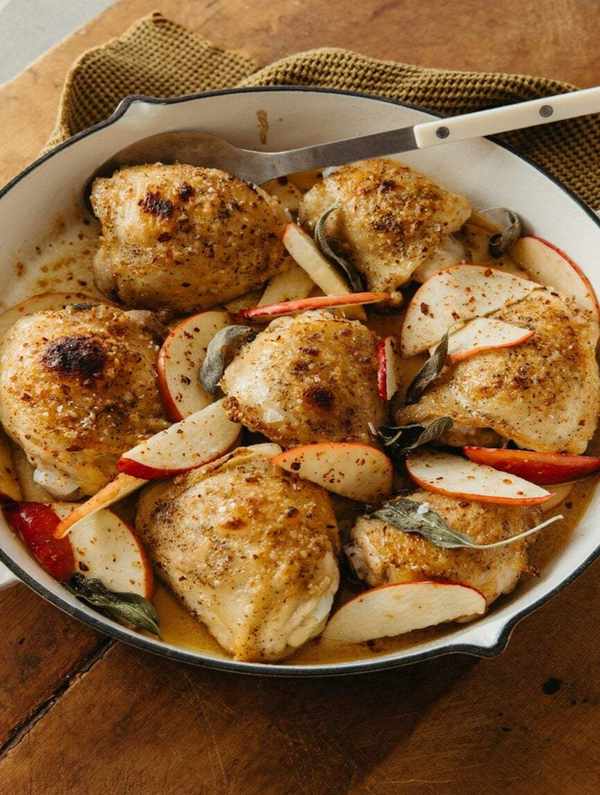 cider glazed chicken thighs in serving skillet