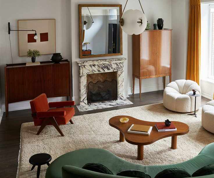 eclectic living room with curated modern and vintage pieces