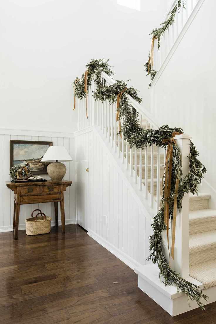 Christmas foliage decorations for mantle and stairway