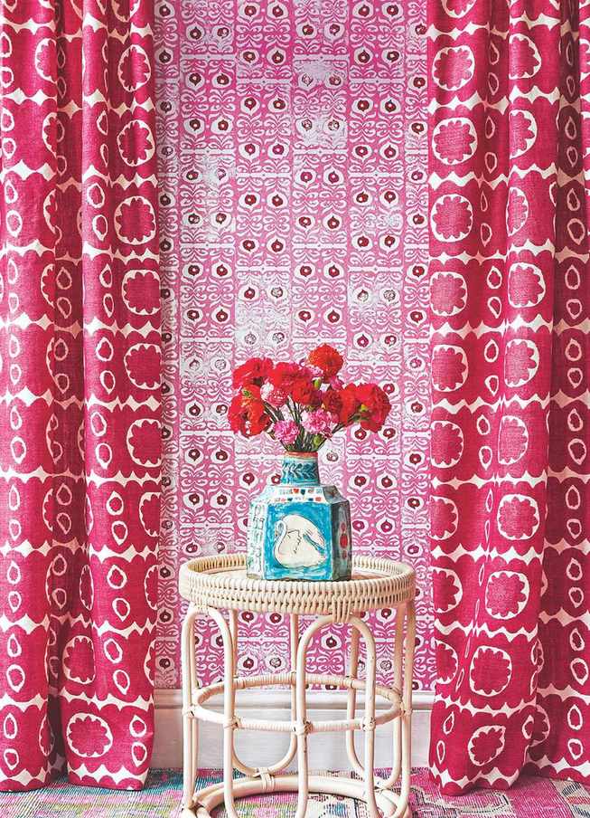 bold cerise pink country wallpaper and curtains