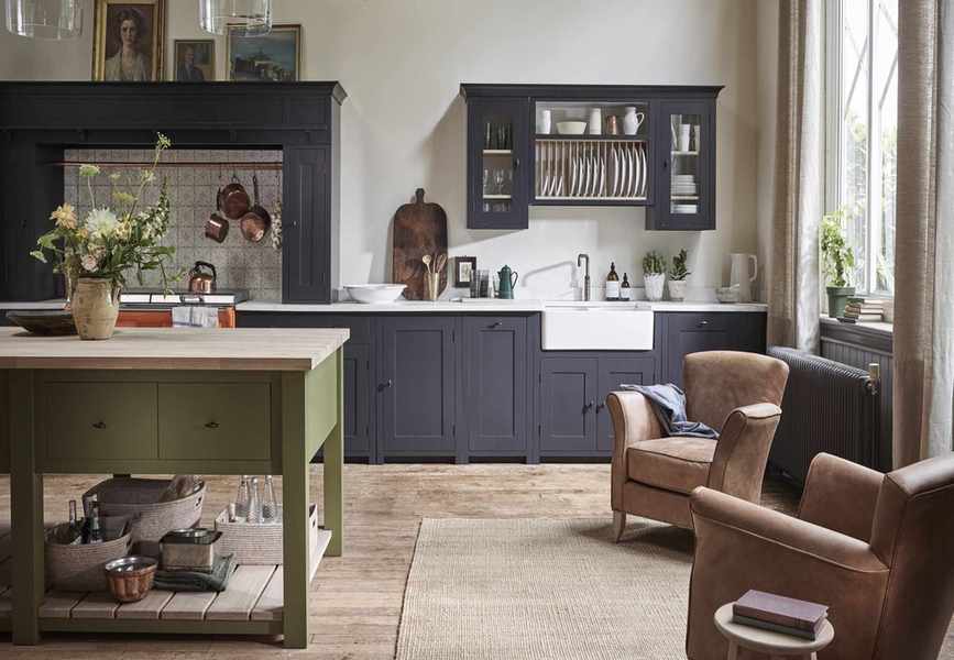 painted kitchen with armchairs
