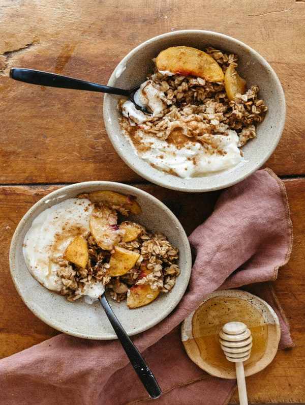 Meal prepped peach oatmeal bake.