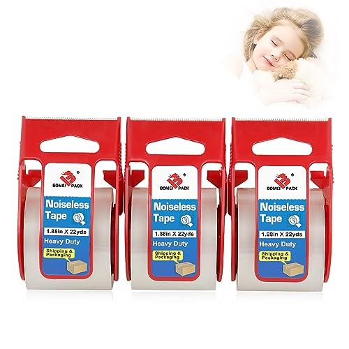 3 pack of Bomei Pack 1.5 Inch Core Clear Packing Tape With Dispenser. Red plastic dispenser with tape and blue and white label. A slightly faded image of a sleeping child holding a teddy bear in the top right-hand corner