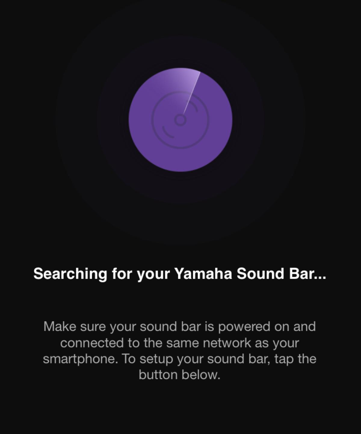 Screenshot of Yamaha Sound Bar app searching for Yamaha soundbar.