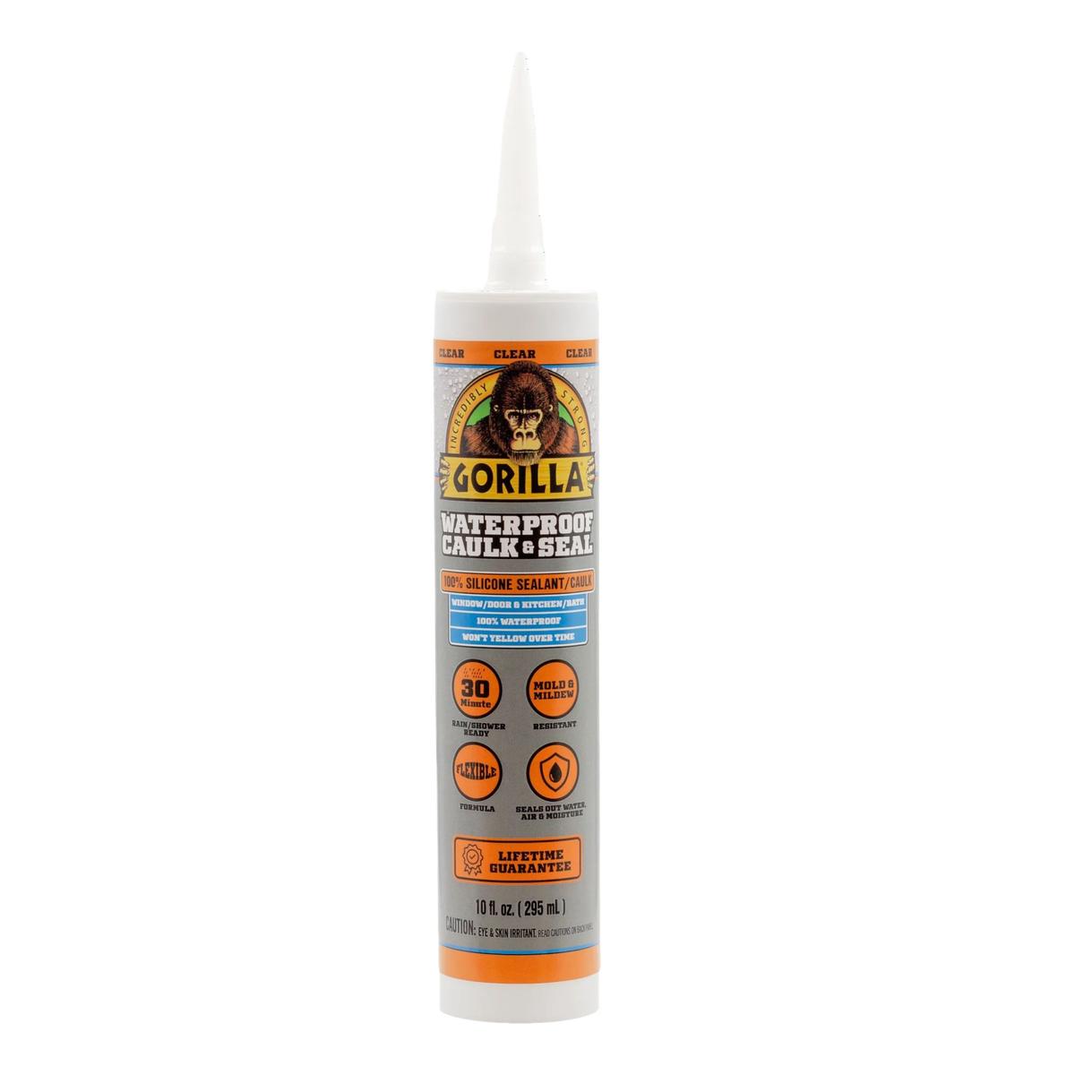 A white tube of Gorilla caulk with yellow and blue label