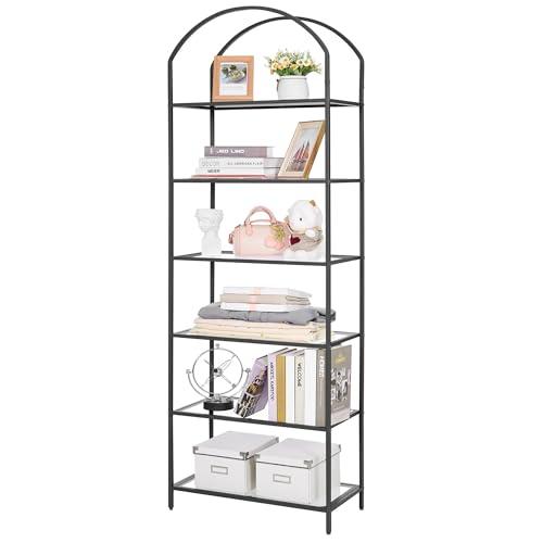 A black framed six tier bookshelf with an arched top