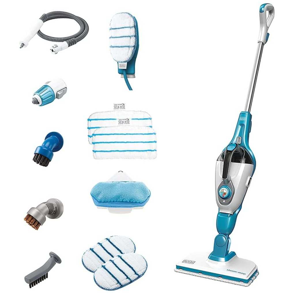 A blue and white steam cleaner with various attachments