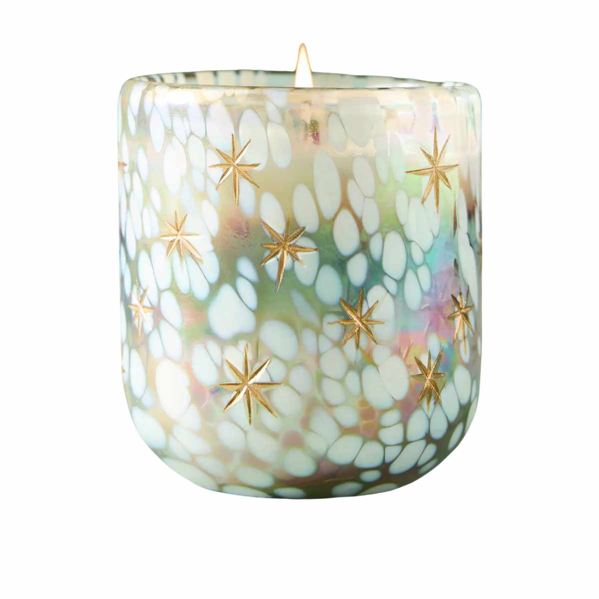 Vanilla scented candle in a patterned glass