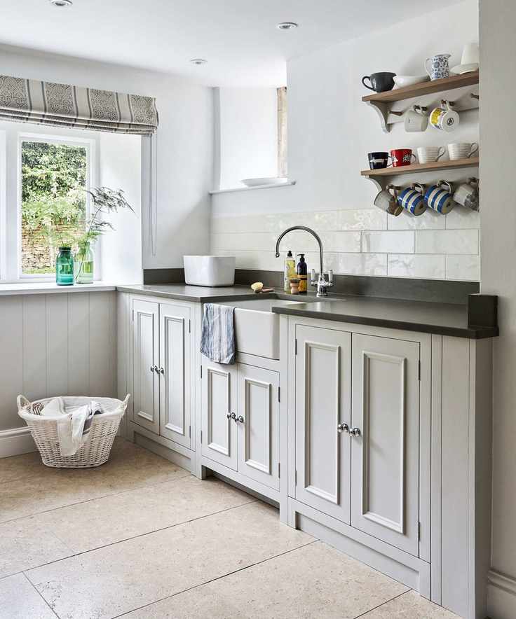 Pale grey kitchen ideas with Shaker cabinetry, open shelving and a butler sink.