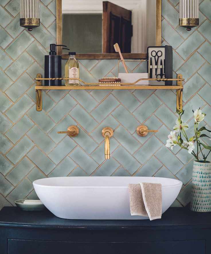 Tiled wall, basin, wall mounted taps
