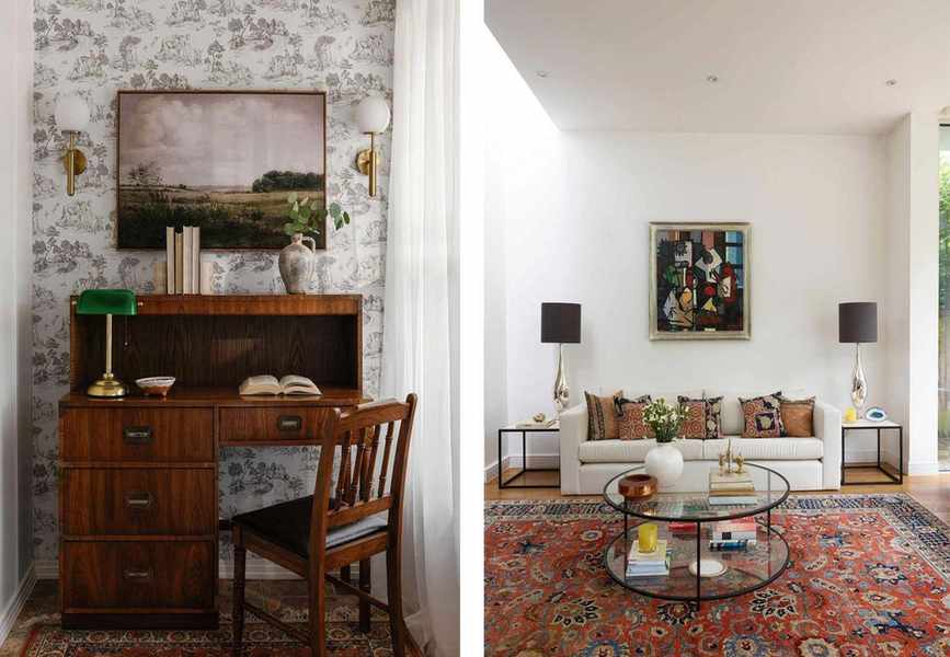 Study with antique desk and chair and Persian rug and living room with cream sofa, modern art and large red persian rug