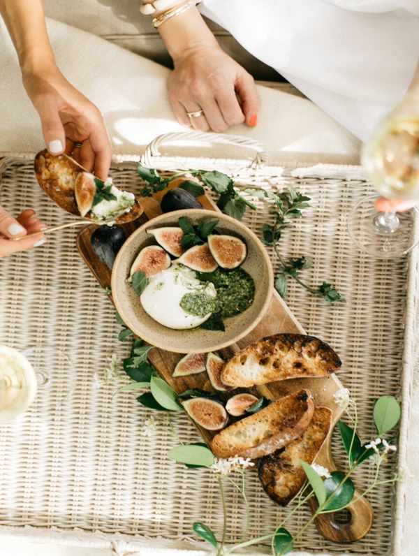 burrata, fig, and pesto appetizer