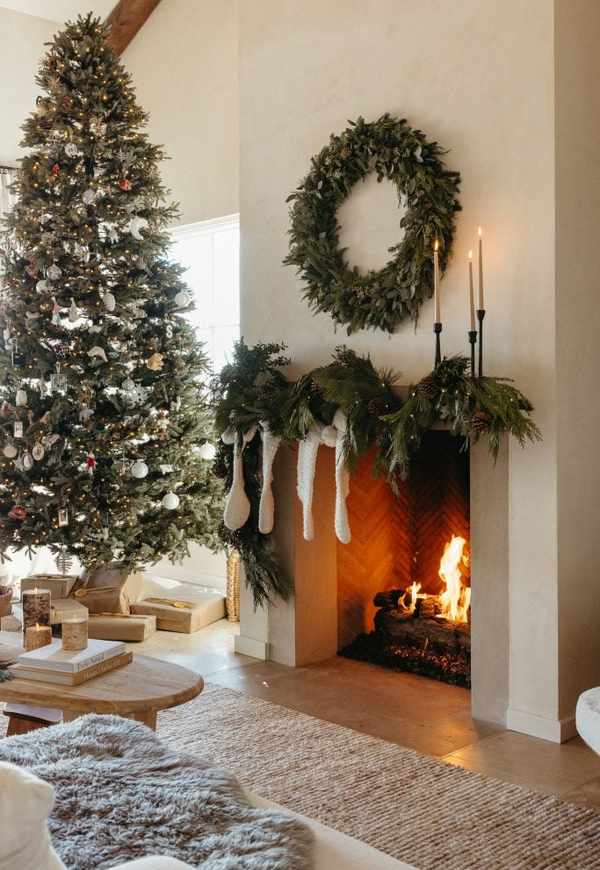 Holiday Decor 2023-Christmas Mantel with evergreen garland and wreath