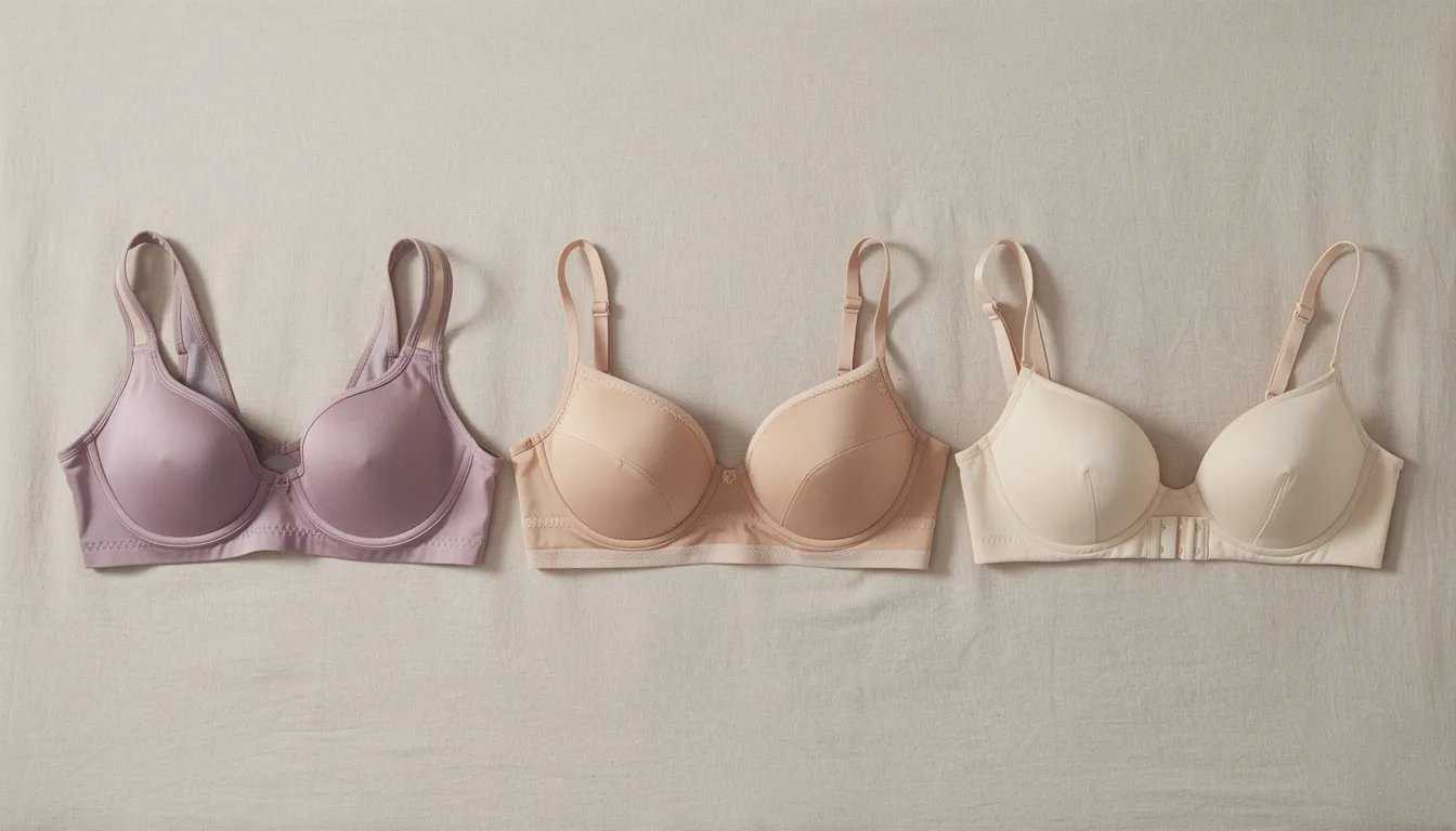 The image showcases various bra styles, including sports bras and full coverage bras, arranged on a soft fabric background. This assortment emphasizes different cup sizes and band sizes, highlighting options for achieving the perfect bra fit for diverse breast shapes and sizes.