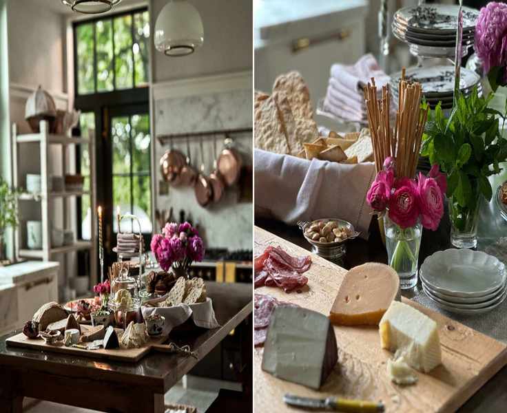 Composite image showing a kitchen island set up with charcuterie on the left and a close up of the food and flowers on the right