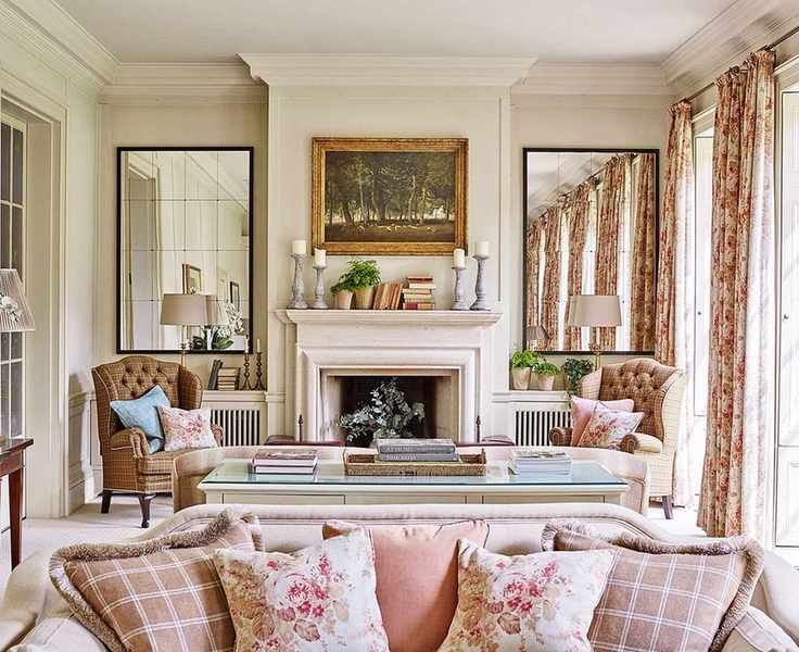 Luxury living room with fireplace and mirrors