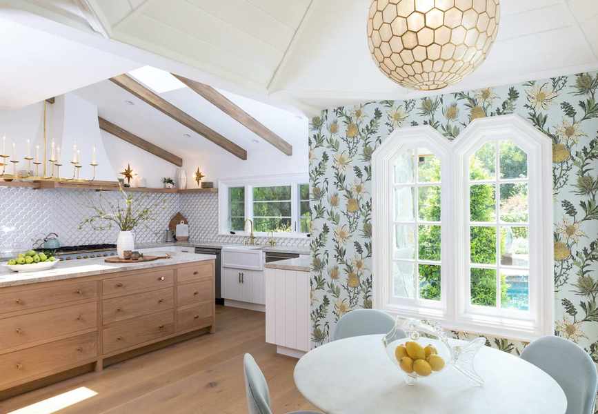 US country kitchen with green and white wallpaper