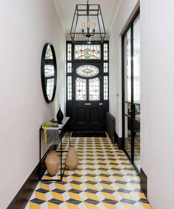 Hallway with bold yellow and black flooring