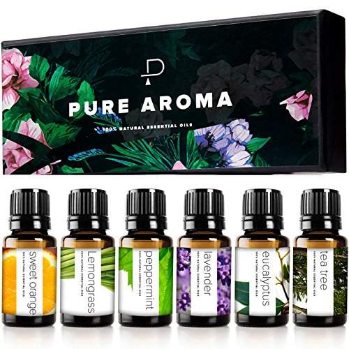 Essential Oils Set Pure Aroma - Top 6 Aromatherapy Oils Gift Set for Diffusers, Home Care, Candle Making Scents, Fragrance -Eucalyptus, Lavender, Lemongrass, Sweet Orange, Peppermint, Tea Tree (10ml)