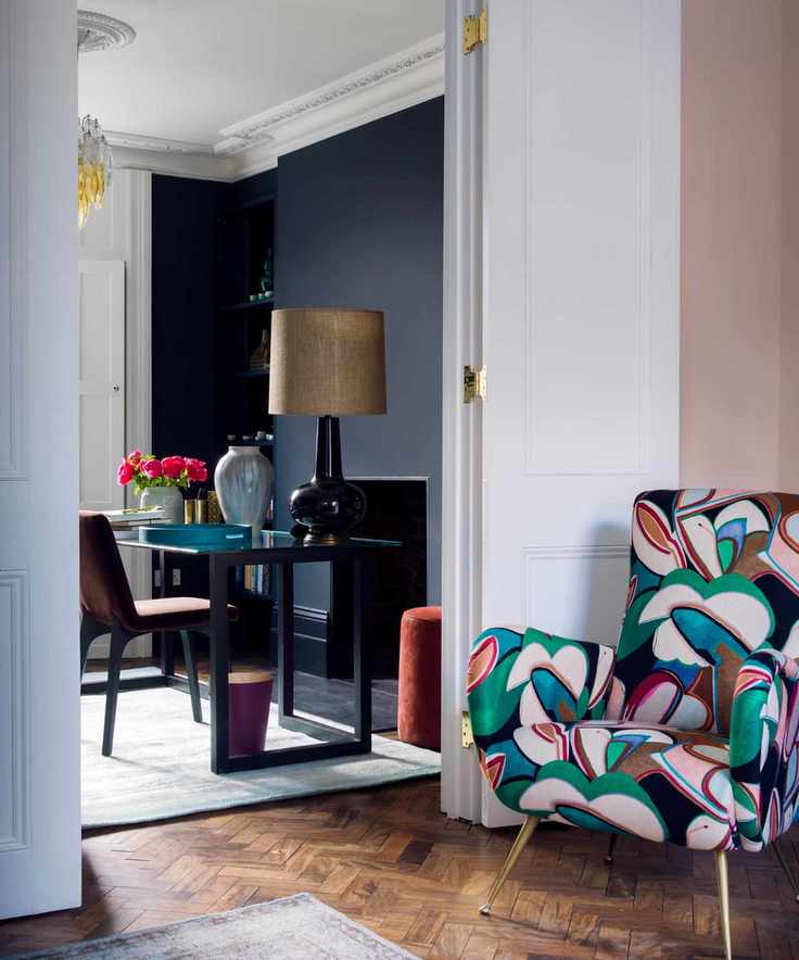 home office and patterned armchair