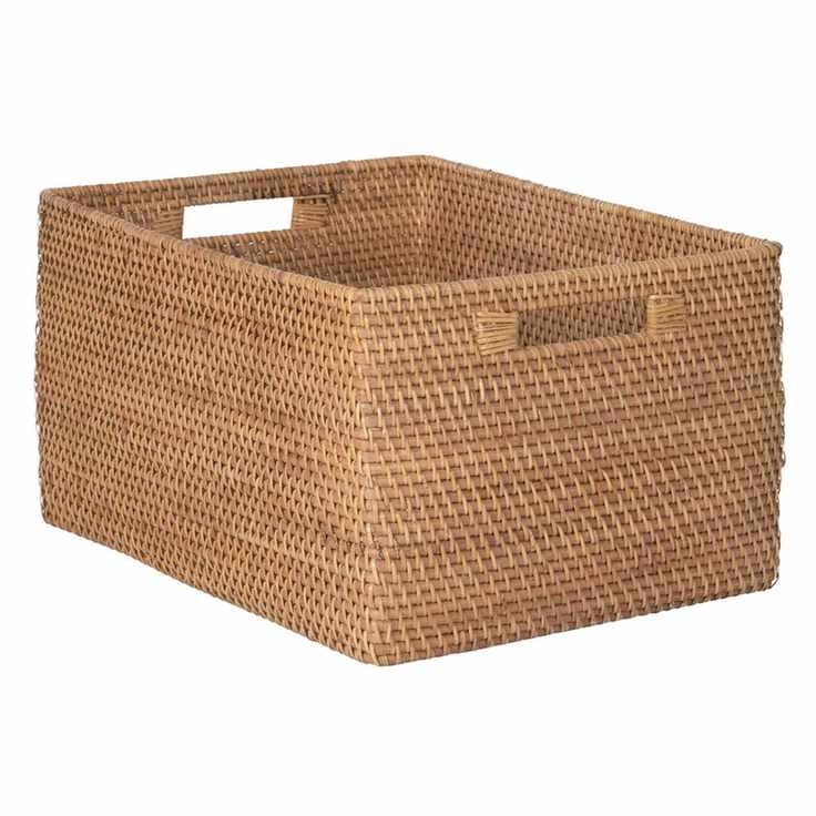 Rectangular woven storage basket with integrated handles
