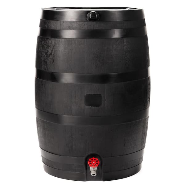 A black plastic water butt in the shape of a barrel with a plastic spigot at the bottom with a red tap.