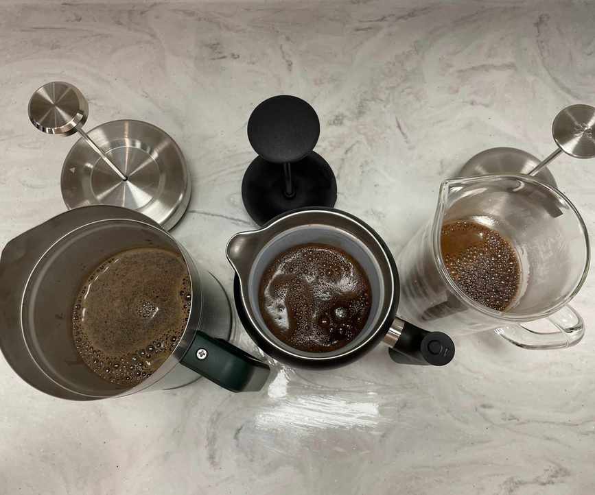 Stanley Stay Hot French Press next to the Zwilling and Fellow, brewing coffee