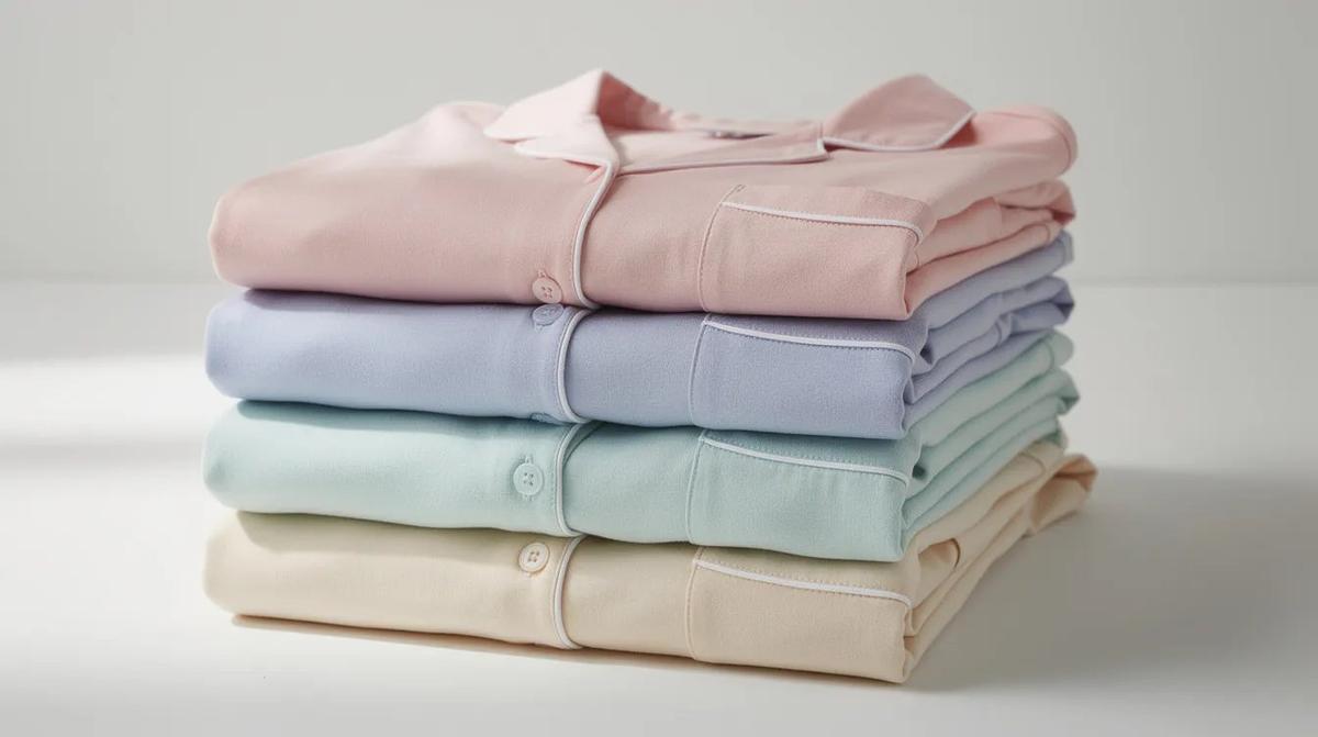 A neatly folded stack of pajama sets in soft pastel colors showcases the luxurious feel of Tencel modal fabric, perfect for cozy nights. These stylish PJs are ideal for anyone looking to enhance their sleepwear collection.