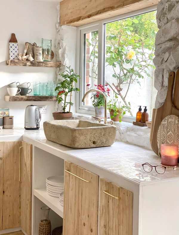 Rustic white kitchen with tiled kitchen countertops