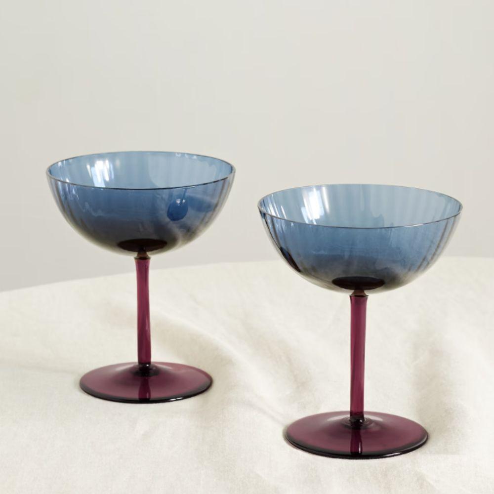 Two blue and purple Murano glass champagne coupes