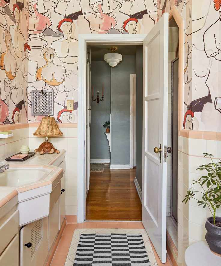 Retro bathroom with bold wallpaper