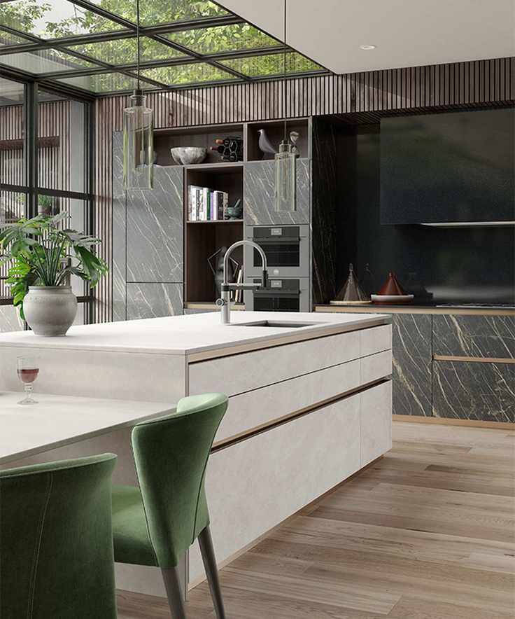 Grey kitchen ideas with grey and white and gold marble finish