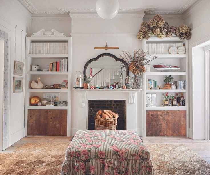 Living room in white looking to fireplace