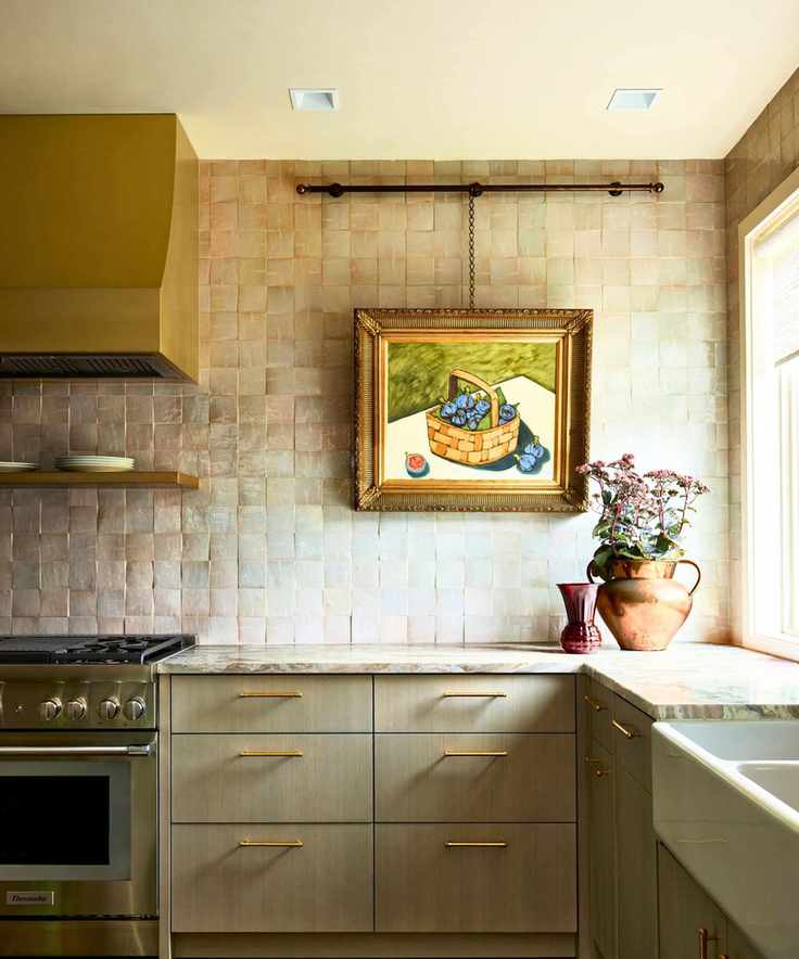 kitchen with pearl luster tiles and artwork