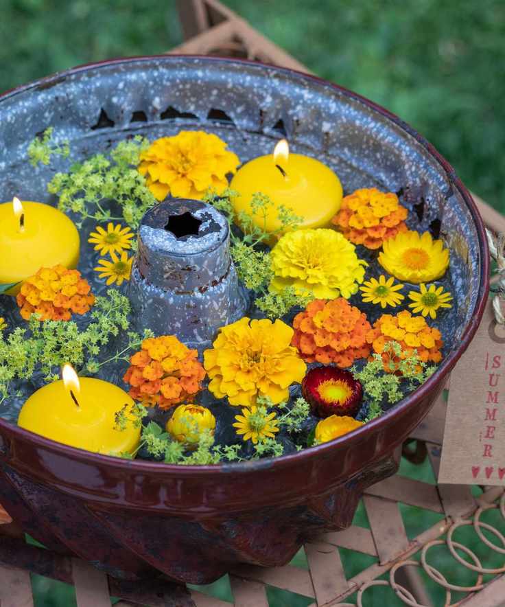 outdoor floating candles in old cake mould