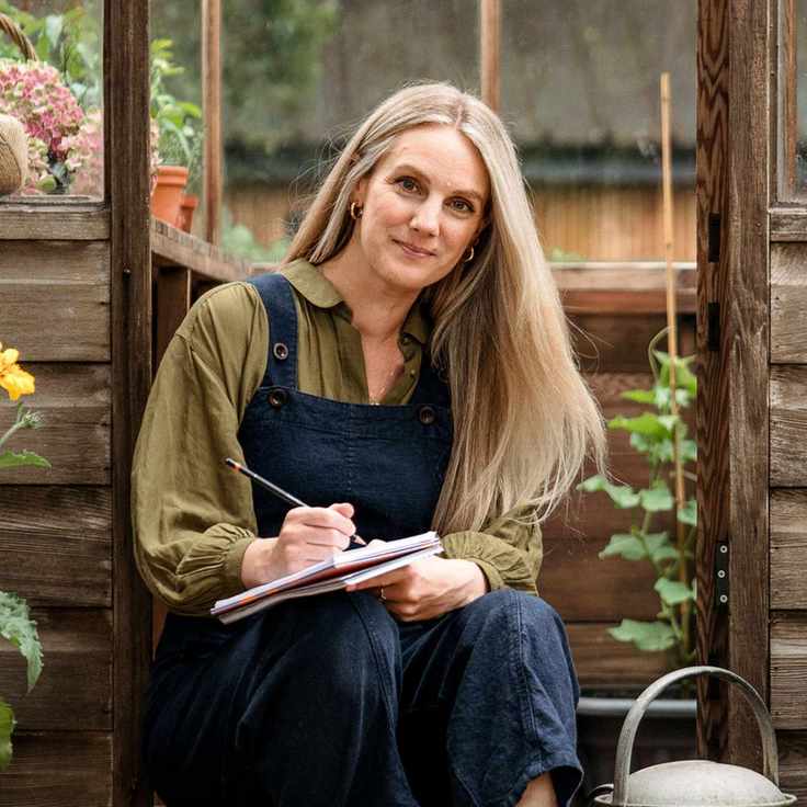 Woman sat on greenhouse step wearing navy dungarees and khaki shirt and holding a notebook