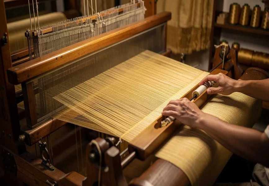 The image depicts a traditional handloom weaving process, showcasing golden-toned natural silk threads being expertly manipulated on a wooden loom, highlighting the intricate craftsmanship involved in silk production. This scene reflects the rich heritage of silk textiles, particularly the use of mulberry silk, known for its lustrous appearance and soft texture.