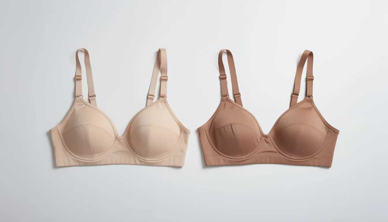 The image features two bras in similar neutral colors laid flat next to each other on a white background, showcasing their design and fabric. Both bras represent different band sizes, highlighting the importance of finding the perfect fit for comfort and support during bra shopping.