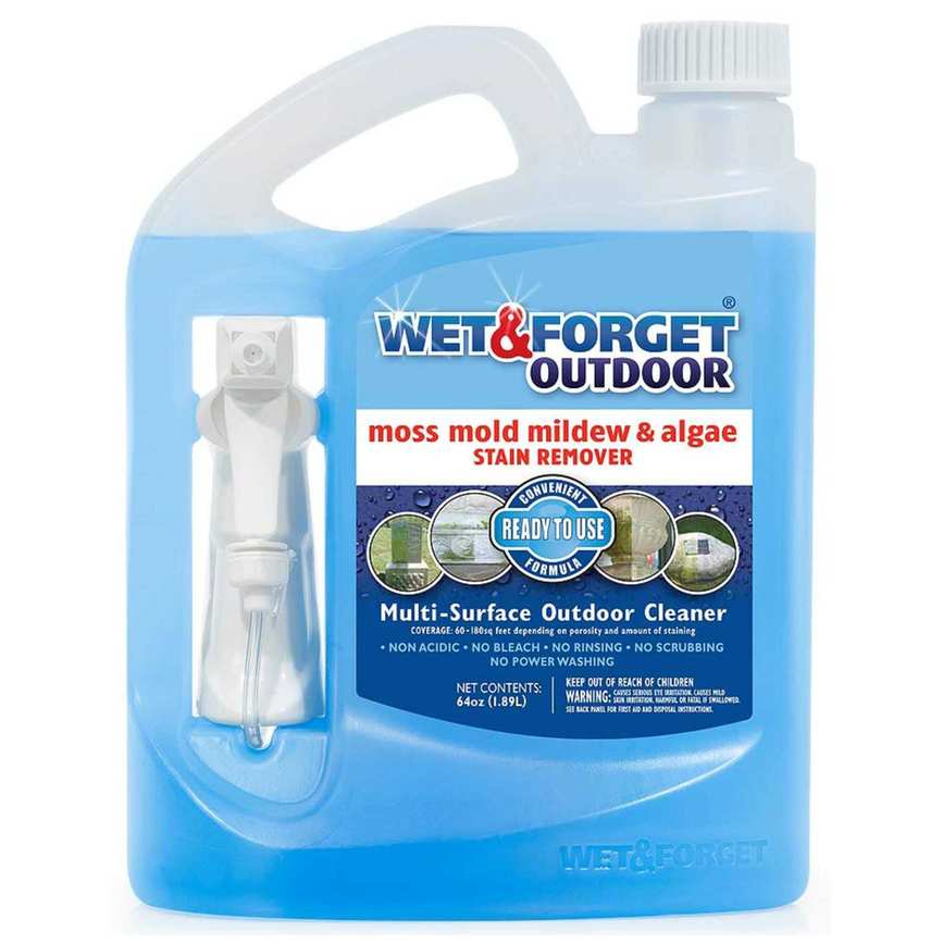 Blue Wet & Forget outdoor liquid in a clear plastic bottle