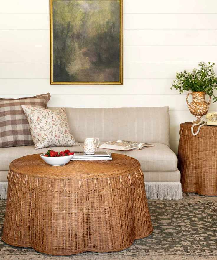 vintage-style rattan coffee table in a chic living space