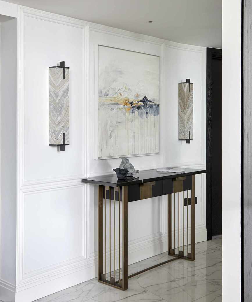 A modern hallway with mid-century style accents