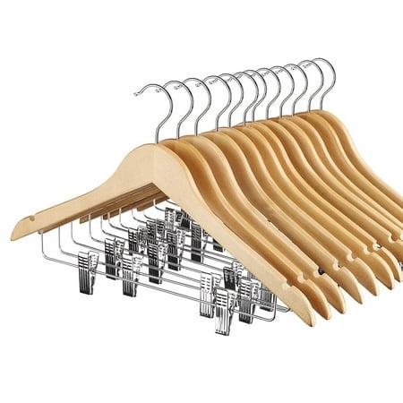 A set of 12 wooden hangers with clips.