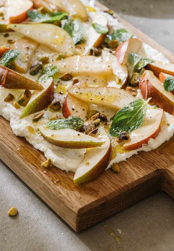 ricotta board with pears and pistachios, winter appetizer