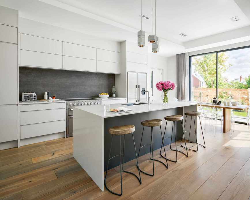 Minimalist kitchen ideas with grey wall and wood floor
