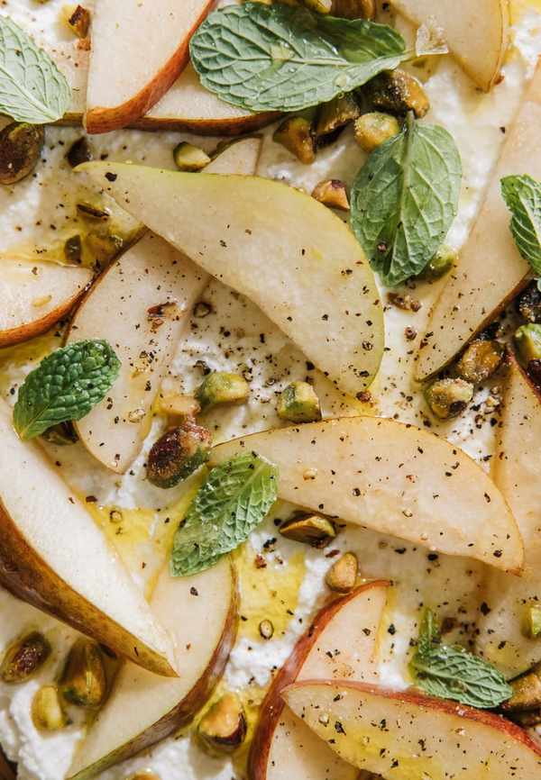 winter produce, fruit, ricotta board with pears and pistachios