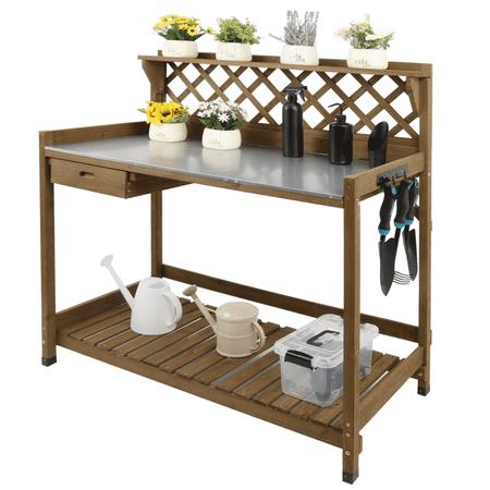 Petscosset Wooden Potting Bench Outdoor - Galvanized Metal Top With Drawer Shelf - Brown